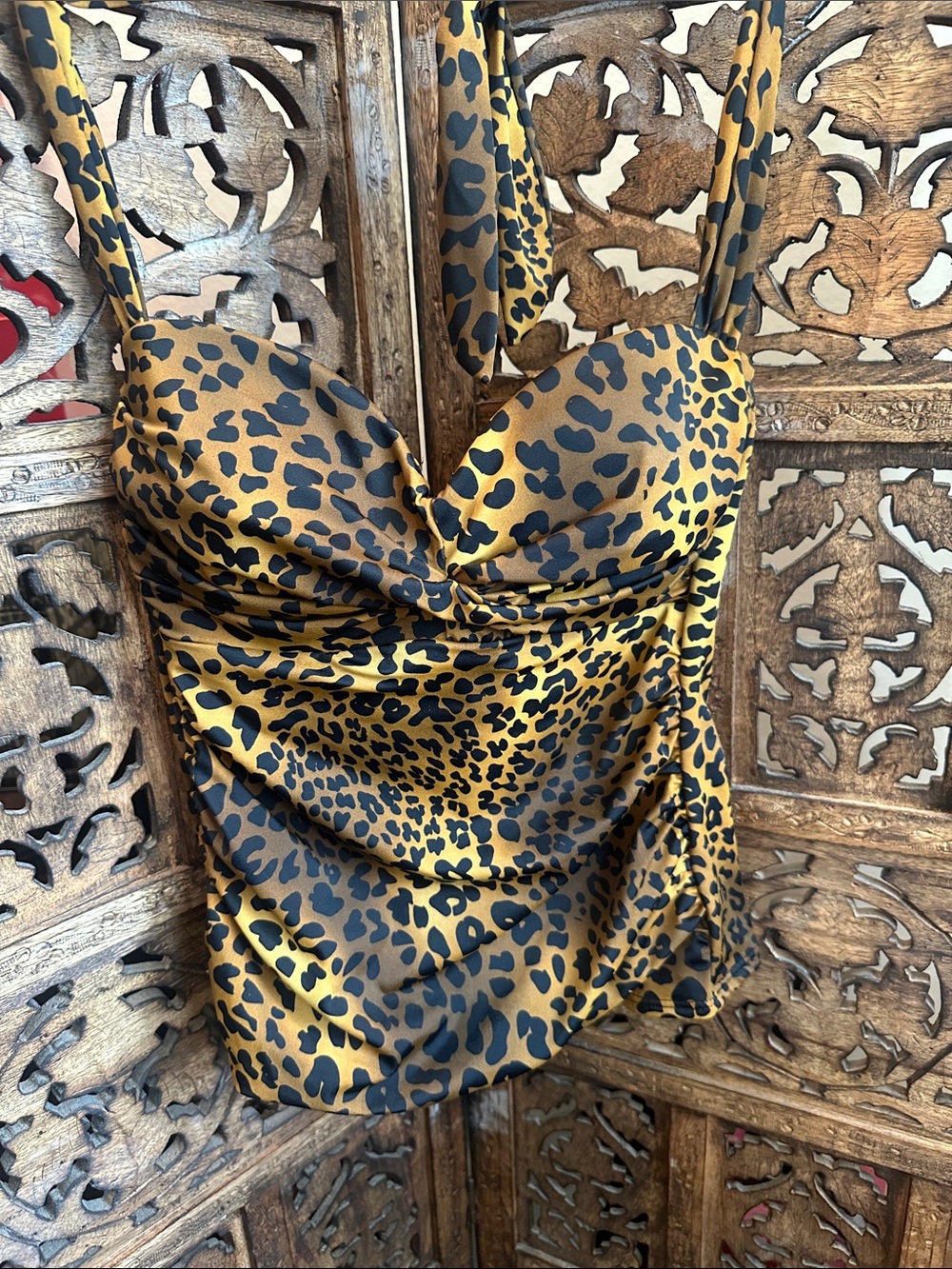 Leopard Print Satin Cowl Neck Tank Top - Mustard/Black -Miraclesuit size 8